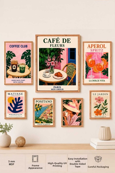 UNT Set de picturi MDF cu aspect de cadru tematic Boho Cafe, 7 piese, decor d...
