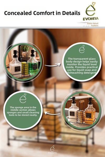 EVONİTA Glass Liquid Soap Dispenser Set with Bamboo Stand, Double Detergent Dispenser, Kitchen Bathroom Organizer 500 ml