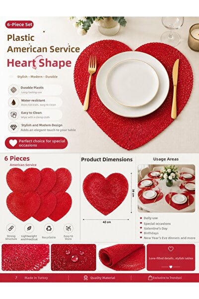 SHARI Heart Shaped Plastic American Service Set of 6 Red Decorative Tableware...