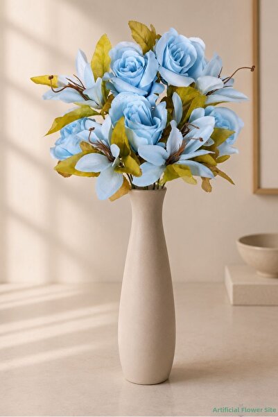 Yapay Çiçek Sitesi Artificial Lily Detailed Rose Bouquet 10 Branches 43cm Blue