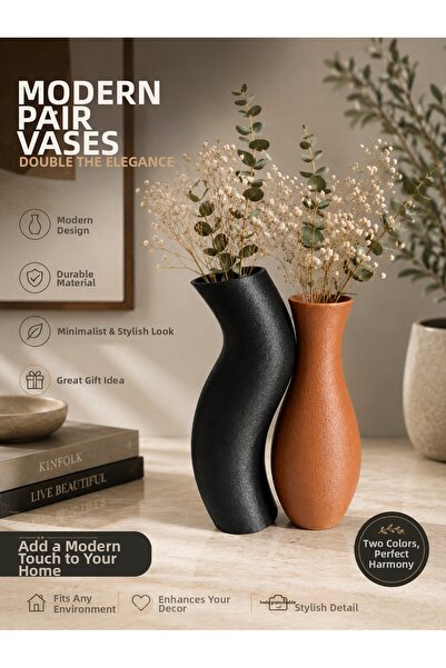 Major Hobi Modern Decorative Vase Set of 2 Black and Brown 18-17 cm Minimal D...