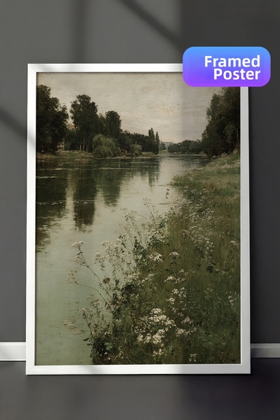 Zestia Pictură de perete vintage, peisaj natural la malul râului, înrămat alb...