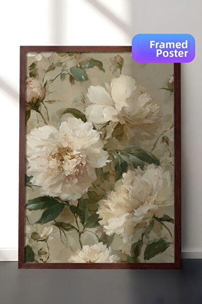 Zestia Pictură murală vintage, buchet de bujori albi cu ramă maro Nr.: 20125