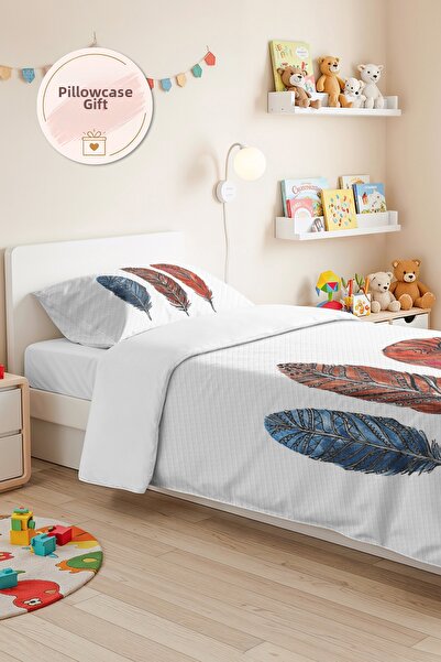 Evimde Bambaşka Blue Feather Bohemian Young Room Single Pique Set - Orange Mo...