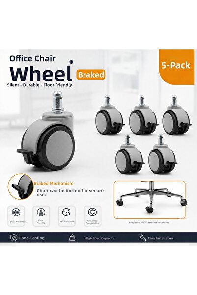 UYGUR TEKER A.Ş Office Chair Brake Caster Set of 5 Silent Movement 360 °   Döner