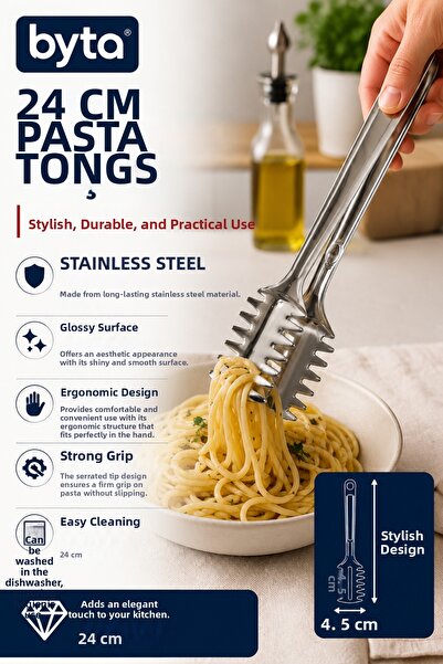 BYTA 24 cm Stainless Steel Pasta Serving Tongs – Luxury Kitchen Tongs with Er...