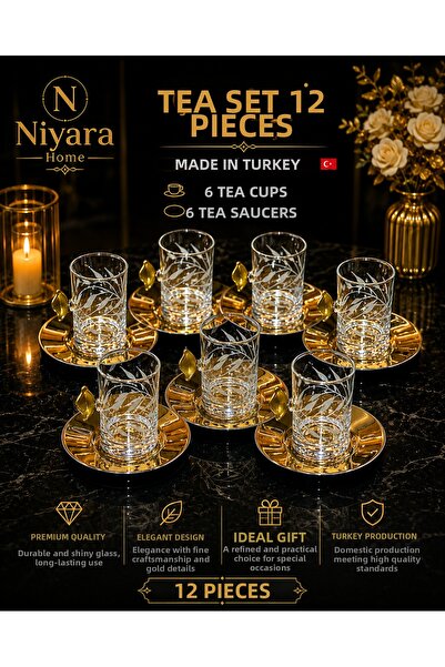 Niyara home طقم شاي 12 قطعة صنع في تركيا 3 أكواب شاي (6 قطع) 6 أطباق شاي C+