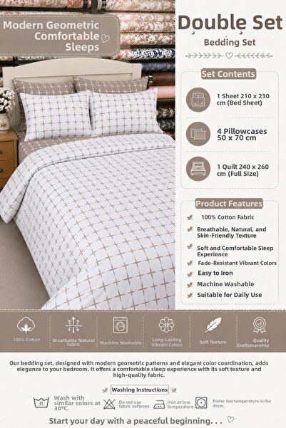GÖKDAĞ BEDDING Double Duvet Cover Set with Geometric Pattern 6 Pieces 210X230
