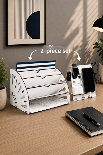 Mingitav Quarter Desktop Organizer and Phone Stand Set of 2 – Wooden File Org...