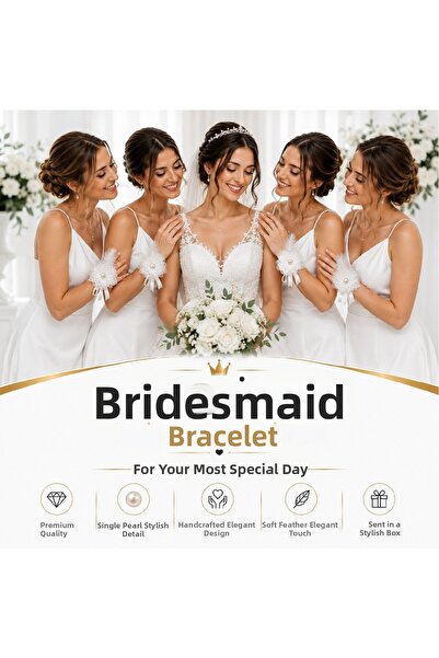 Bkmc إكسسوار سوار العروسة بزهرة من الريش واللؤلؤ الواحد لحفلات الزفاف والخطوب...