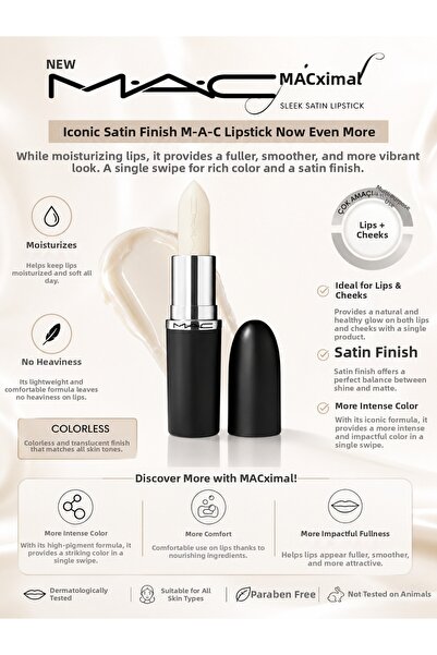 M.A.C Macximal Sleek Satin Lipstick Iconic Satin Finish - Colorless - Moistur...