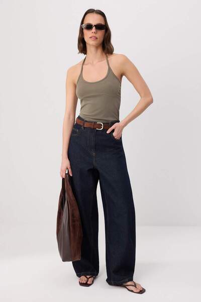 Trendyol Collection Khaki Plain Fitted Halter Neckline Knitted Blouse Twoss26...