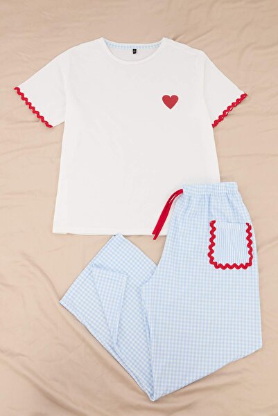Trendyol Curve Blue Plaid Heart Stripe Detailed Knitted Pajama Set Tbbss26Ai0...
