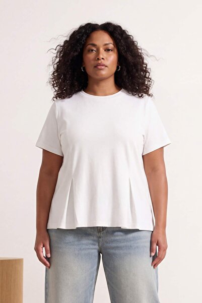 Trendyol Curve Bluză tricotată cu mânecă scurtă Ecru Peplum, 100% bumbac TBBS...