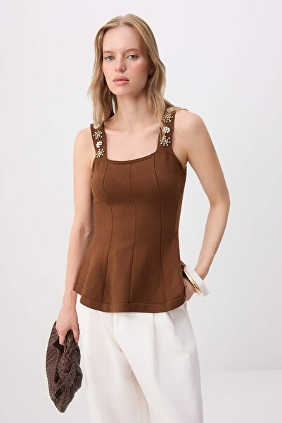 Trendyol Collection Bluză subțire din tricot cu guler pătrat maro și peplum c...