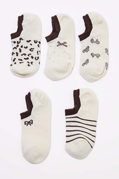 Trendyol Collection Ecru-Brown 5-Piece Embroidered Jacquard Knitted Socks Thm...