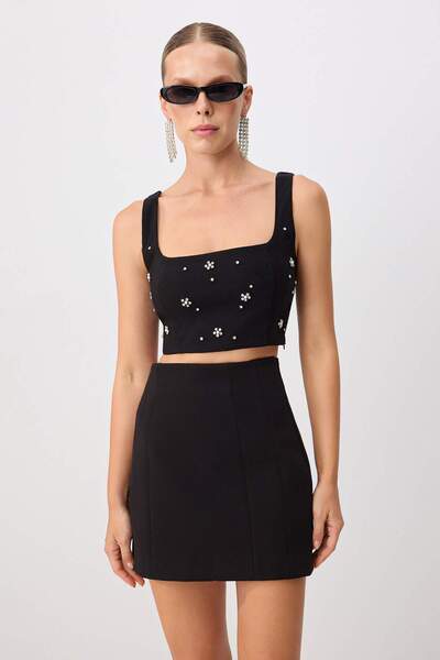 Trendyol Collection Black Stone Embellished Square Neck Crop Cut Bustier Tprs...