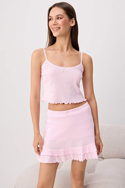 Trendyol Collection Pink 100% Cotton Ribbed/Pointel Knitted Pajama Set