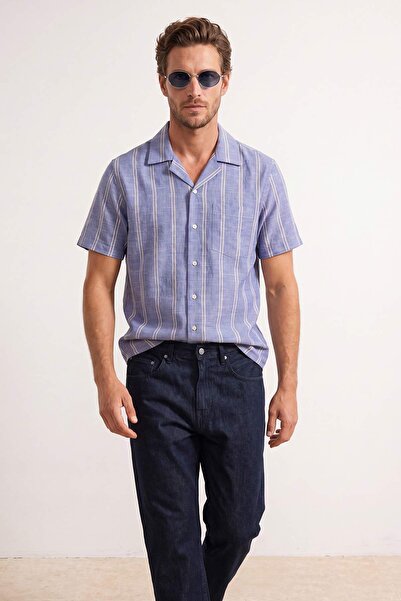 Trendyol Collection Blue 100% Cotton Front Pocket Striped Short Sleeve Regula...