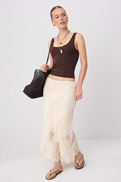 Trendyol Collection Ecru Plain Midi Lace Knitted Skirt Twoss26Et00276
