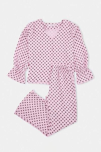 Trendyol Collection Pink 100% Cotton Polka Dot Muslin Woven Pajama Set Thmaw2...
