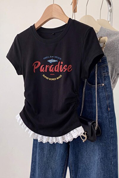 Trendyol Collection Black Slogan Fitted High Neck Standard Sleeve Short Crop ...