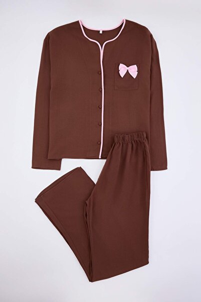 Trendyol Collection Brown Plain Ribbon Shally Woven Pajama Set Thmaw26Pt00007