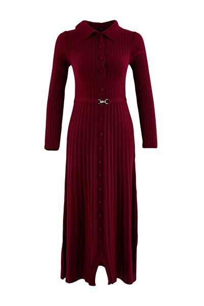 Trendyol Modest Burgundy Metal Belt Detailed Knitwear Ribbed Dress Tctaw26Eb0...