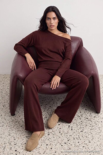 Trendyol Collection Brown Boat Neck Detailed Sweater-Pants Knitwear Bottom - ...