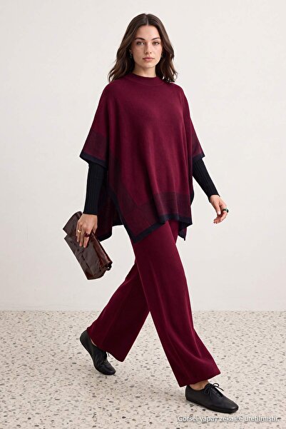 Trendyol Modest Burgundy Color Block Knitwear Poncho Pants Top-Down Set Tctaw...