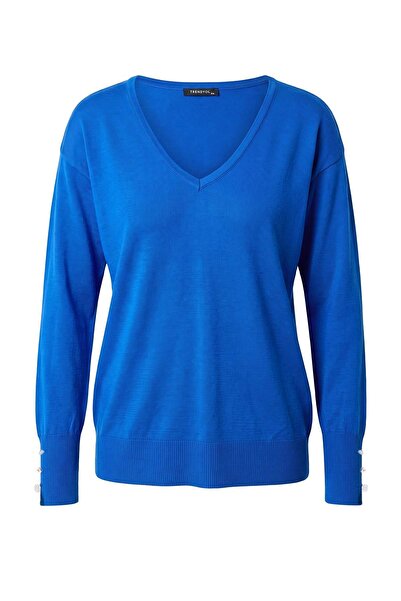 Trendyol Curve Saks Strickpullover mit V-Ausschnitt und Knopfdetail TBBAW23AN...