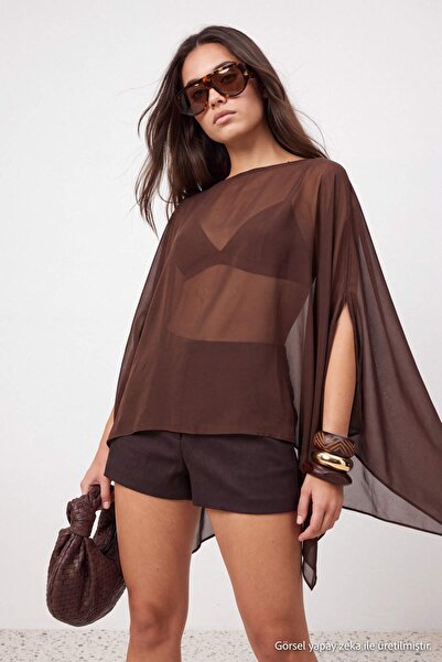 Trendyol Collection Brown Plain Oversize Boat Neck Bat Sleeve Sleeveless Cape...