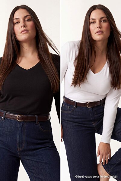 Trendyol Curve Black-Ecru 2-Pack Fitted/Bodycon Knitted Blouse Tbbaw27Af00021