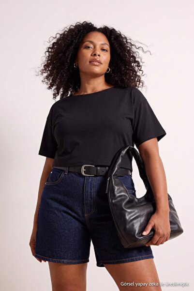 Trendyol Curve Black Relaxed Boat Neck Bat Sleeve Three Quarter Crop Soft Tou...