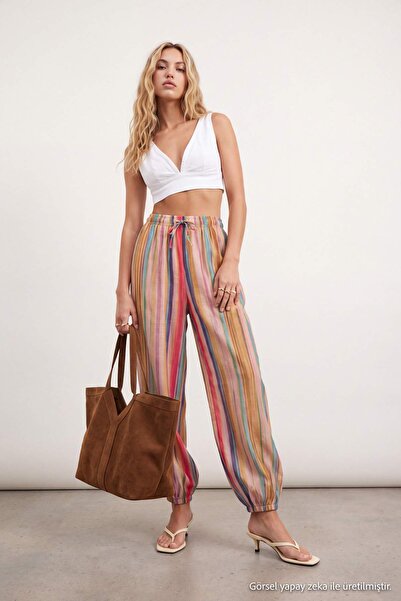 Drop by TrendyolMilla Yellow Elastic Waist Lace-Up Stripe Patterned Slim Shal...