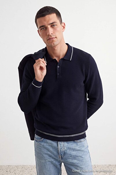 Trendyol Collection Plus Size Navy Blue Regular Fit Textured Polo Neck Knitwe...