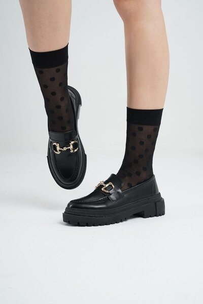 Beyond Γυναικεία Μαύρα Δερμάτινα Παπούτσια Loafer 4,5cm Σόλα Παχύ Πόρπη Μοκασίνι