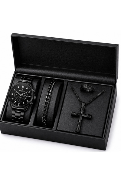Geneva Set cadou premium negru pentru bărbați – Ceas + Brățară + Inel – Ambal...