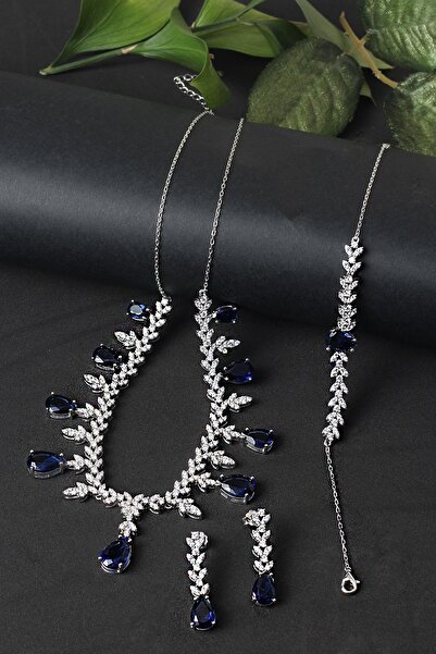 BY BARUN SİLVER Gümüş Set Gerdanlık Safir Zümrüt Yakut Rengi925 Ayar Zirkon T...