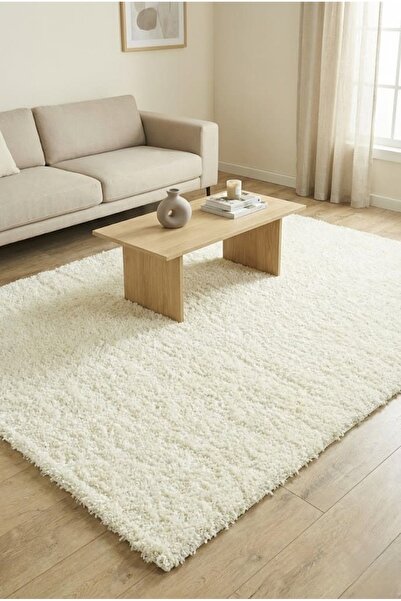 Anaska Home Modern Düz Desenli Krem Oturma Odası Halısı Salon Halısı Uzun Tüy...