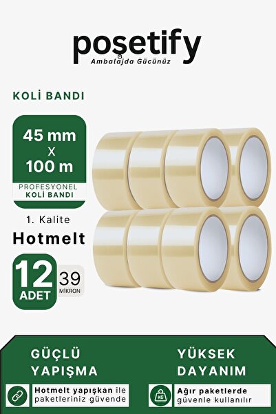 POŞETİFY 45 mm x 100 Metre Hotmelt Koli Bandı | 1. Kalite | Güçlü Şeffaf Pake...