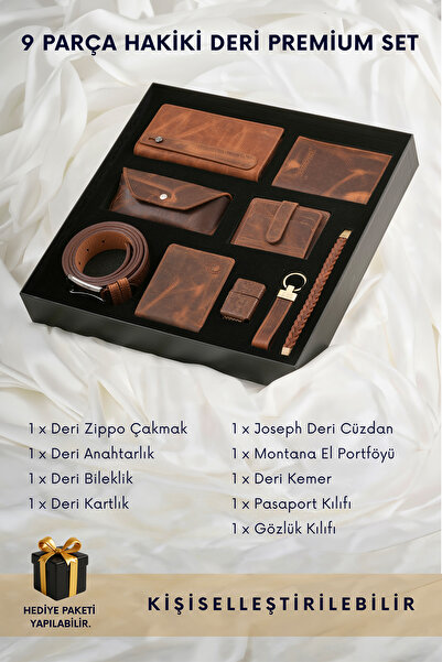 CüzCan 9 Parça Taba Hakiki Deri Premium Kişiye Özel Erkek Hediye Seti - Babal...