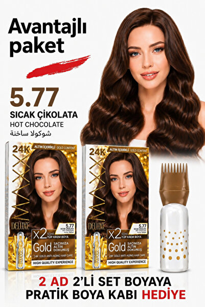 MAXX DELUXE Golden Beauty Set Saç Boyası 5,77 Sıcak Çikolata 2 Adet + Fırça