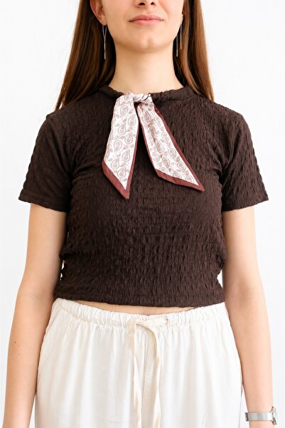 Bigdart Γυναικεία κοντομάνικη πλεκτή μπλούζα με φουλάρι 981 - Καφέ