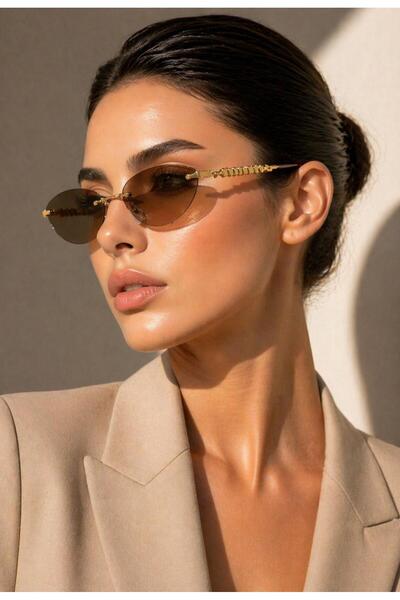 Nilu Moda LÜX KRİSTAL GOLD ÖRME DETAYLI KAHVE KADIN GÜNEŞ GÖZLÜĞÜ