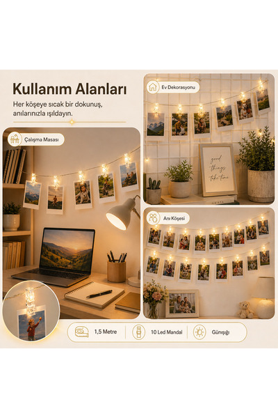 ORİJİNALDÜKKAN 1,5 metre Pilli Led Işıklı Fotoğraf Mandalları Animasyonlu Çocuk Bebek Odası Aydınlatma Organizasyon