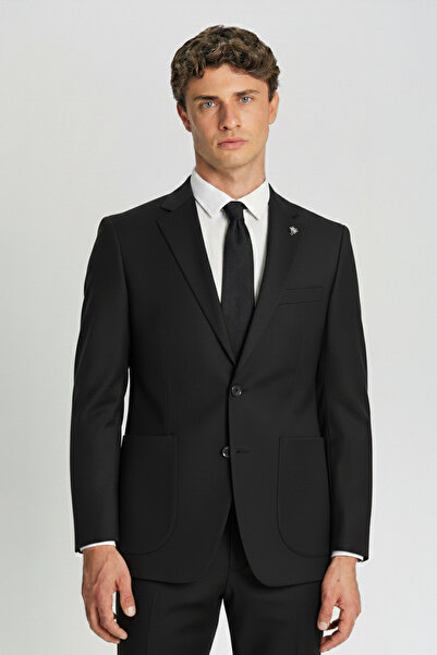 Sabri Özel Erkek Siyah Dar Kesim Slim Fit Viskon Çizgili Mono Yaka 6 Drop Tak...