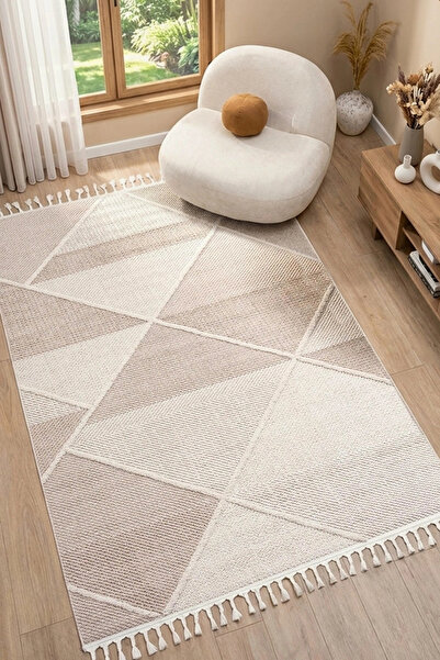 Eliz Home Bej Krem Saçaklı Dokuma Halı Oturma Odası Salon Halısı