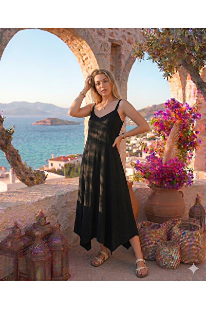 Bohemian Women's Black Back Guiped Strap Long Natural Dress