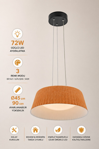 Elvora Home Modern (PREMİUM) Kahve Kumaş 3 Renkli LEDli Sarkıt Avizesi Salon ...
